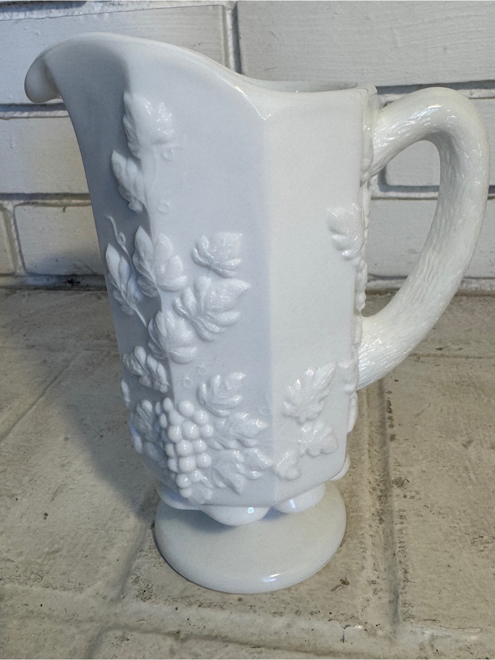 Vintage Westmoreland White Milk Glass Paneled Grape Pitcher 8"